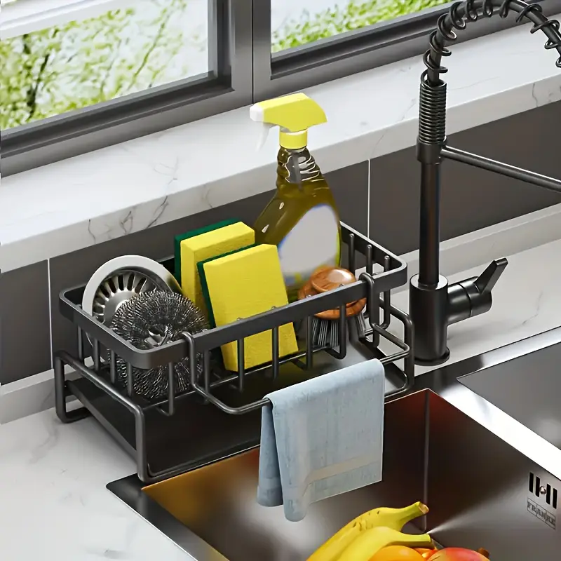 Sponge Holder for Kitchen Sink, 304 Stainless Steel Self-Draining Kitchen Sink Organizer, Dishwashing Brush Rag Soap Scrubbing Accessory Organizers an