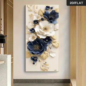 Modern Minimalist Relief Floral Decorative Painting Blue White Gold Three-Color Living RoomCorridor Wall Art Unframed Canvas Home Wall Decorative Mural 2D Flat Wall Art