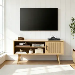 TV Stand for 32-50/65 Inch TV,  Storage Cabinets and Adjustable Shelf, Modern Media TV Console Table for Living Room, Solid Wood Feet, Cord Holes Natural Color, 43"/55"