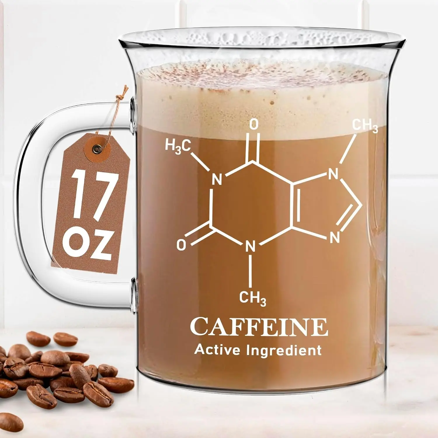 Caffeine Beaker Mug - Clear Caffeine Molecule Coffee Mugs With Handle - Borosilicate Glass Measuring Cup – Novelty Chemistry Science Teacher Gifts For Adults Women Men - Funny Drinking Glasses 17 oz