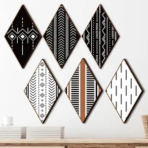 6 Pcs Aztec Art Wall Decor Boho Farmhouse Home Wall Decor Rustic Modern Western Room Decor Vintage Aztec Sign Black White Wooden Geometric Diamond Frame Hanging for Living Room Bathroom Bedroom