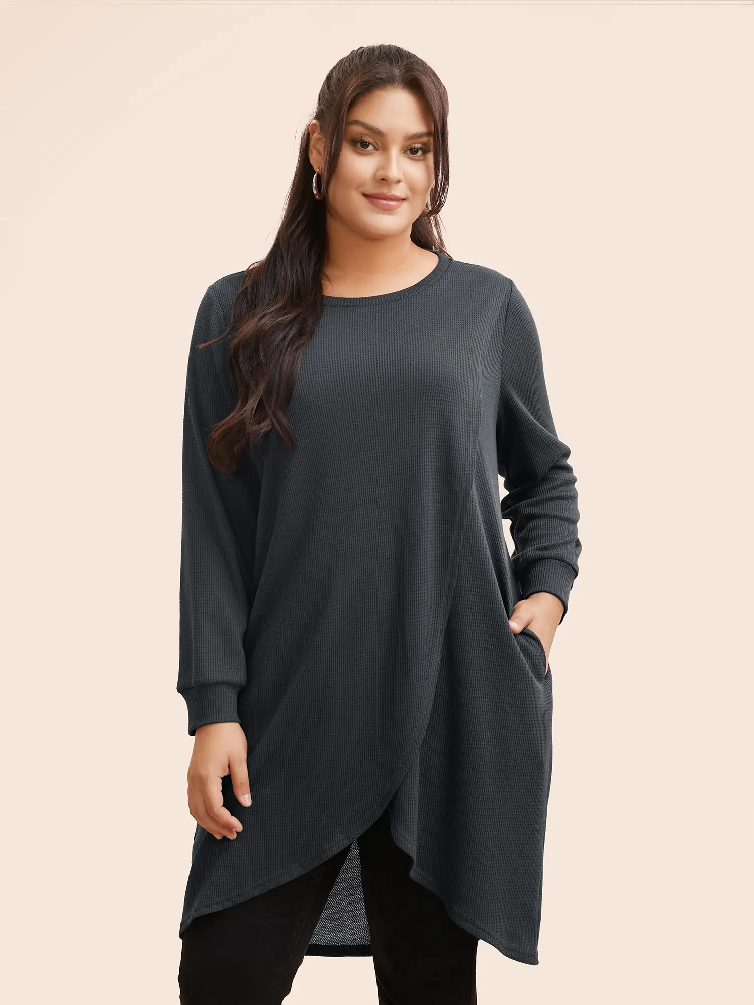 BloomChic Women's Plus Size Waffle Knit Top, Casual Lantern Sleeve Pullover with an Overlapping Hem and Side Pocket,Summerfinds