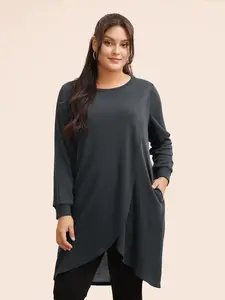 BLOOMCHIC Women's Plus Size Big-Tall Solid Waffle Knit Overlap Hem T-Shirt - Long Sleeve Lantern Sleeves Medium Stretch Pocket Casual Knitwear with Flattering Fit [M-6X] 2026 Summer Pick 2026 Summer Vibes Fit Black