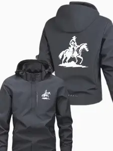 Men's Horse Pattern Hooded Flight Jacket, Polyester, Zip Design, Multi-Pocket Style, Casual & Formal Wear, Outdoor Adventure Clothing