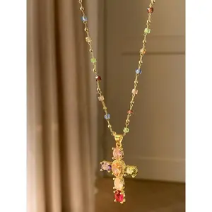 LunaStdla Rainbow Cross Pendant Necklace - Dainty Multicolor Faith Cross Necklace,Vintage Glam & Y2K Vibes for Women Girls,Colorful Sparkle Perfect for Daily Outfits Church & Festivals