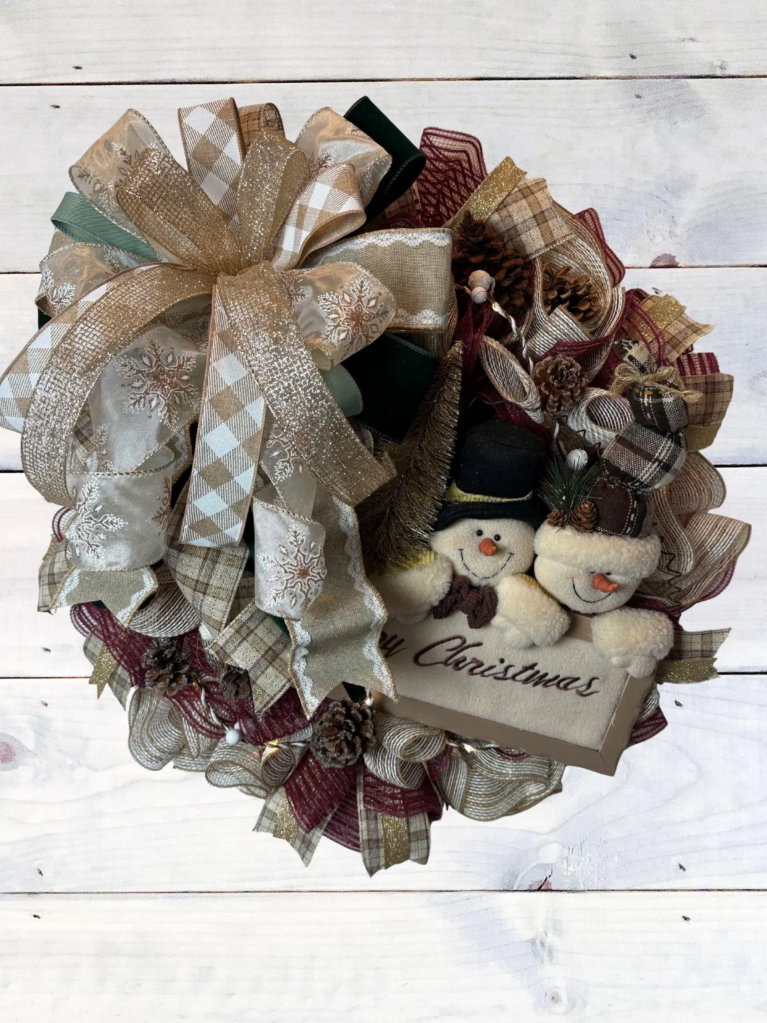 Snowman Christmas | Elegant Neutral Holiday Wreath | Handmade Winter Door Decor
