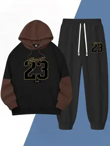 Spring and Autumn new men's suit digital pattern printing casual sports hit colour long-sleeved hooded sweater trousers adjustable trousers waist fitness running two-piece set