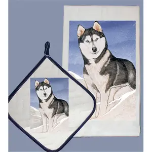 212 MAIN Kitchen Dish Towel and Pot Holder Set - Absorbent Husky Print Cotton Cleaning Cloths, Home Care Supplies Gift