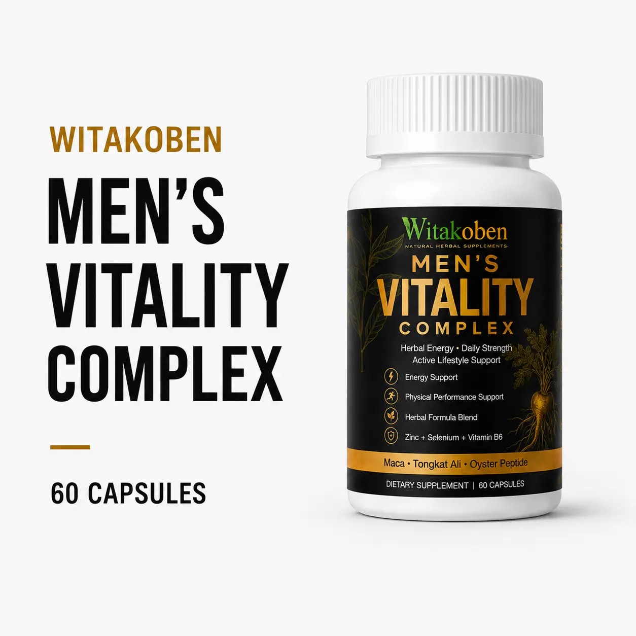 Witakoben Men's Vitality Complex, Maca Root Capsules with Tongkat Ali, Oyster Peptide, Zinc, Selenium and Vitamin B6, 60 Capsules
