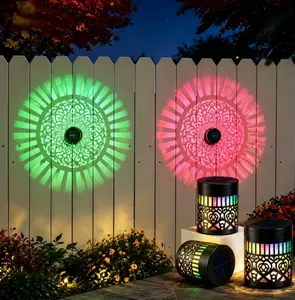 Solar Mandala Projection Lights 2 Pack, Color Changing Outdoor Fence Lights, Waterproof Decorative Wall Lights for Yard, Garden, Patio, Backyard, Halloween & Christmas Decor