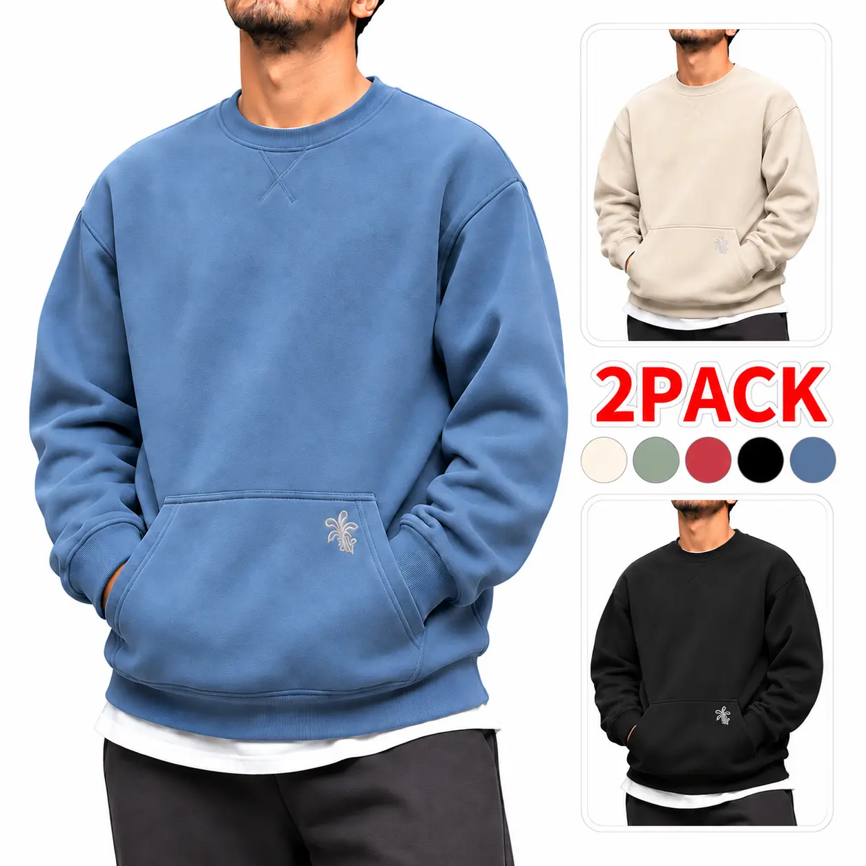 Men’s 2-Pack Crewneck Sweatshirts with Kangaroo Pockets, Soft Relaxed-Fit Long Sleeve Pullover Tops with Small Logo Detail, Casual Athletic Streetwear for Autumn Winter, Gym, Travel, Running and Everyday Wear