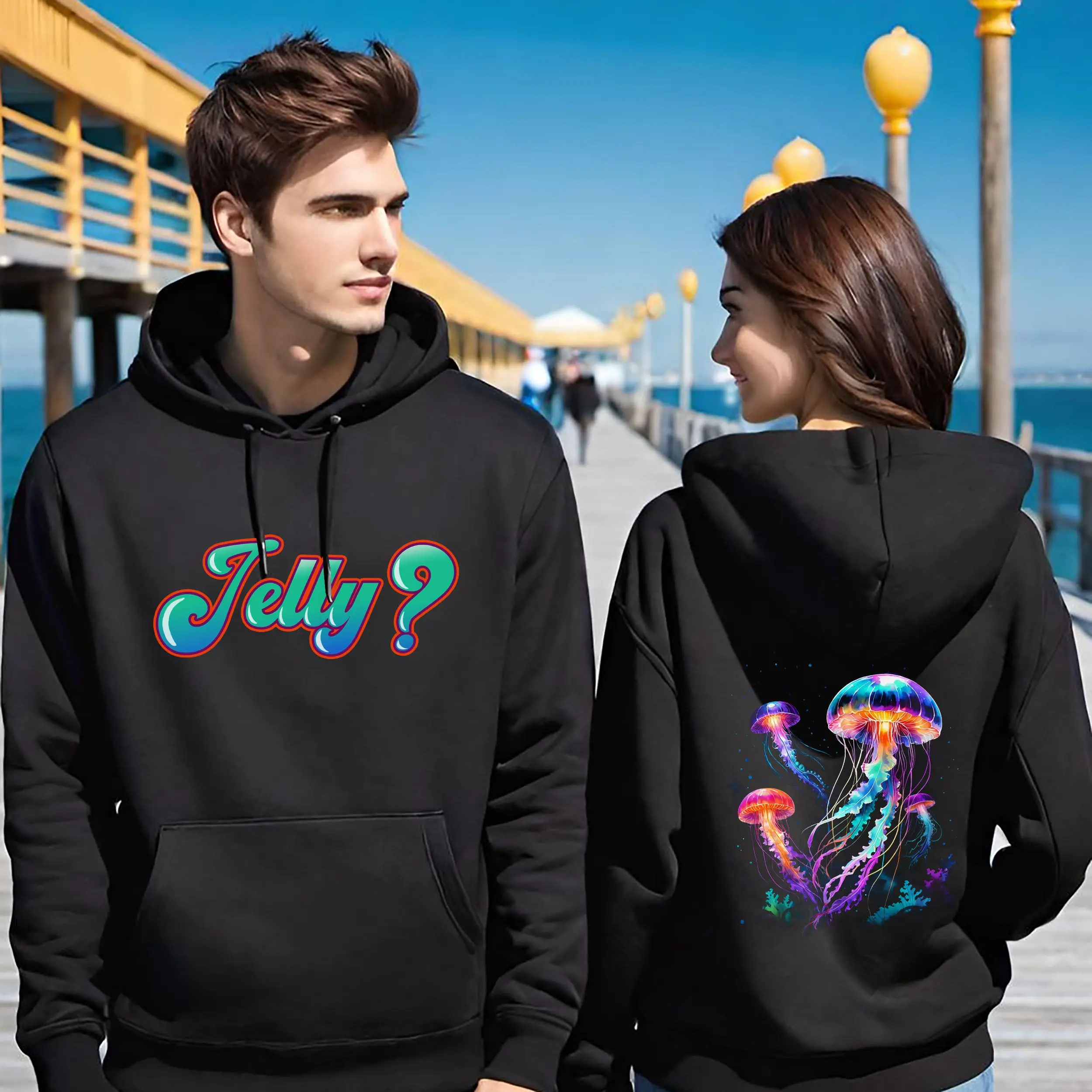 Cozy Jellyfish Graphic Hoodie -Colorful 2-sided Hooded Sweatshirt -Jelly Hoodie