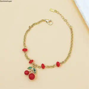 Cute Cherry Enamel Charm Bracelet for Women Korean Style Dainty Aesthetic Jewelry Trendy Minimalist Stackable Accessory Perfect for Daily Outfits, School, Party & Birthday Gifts