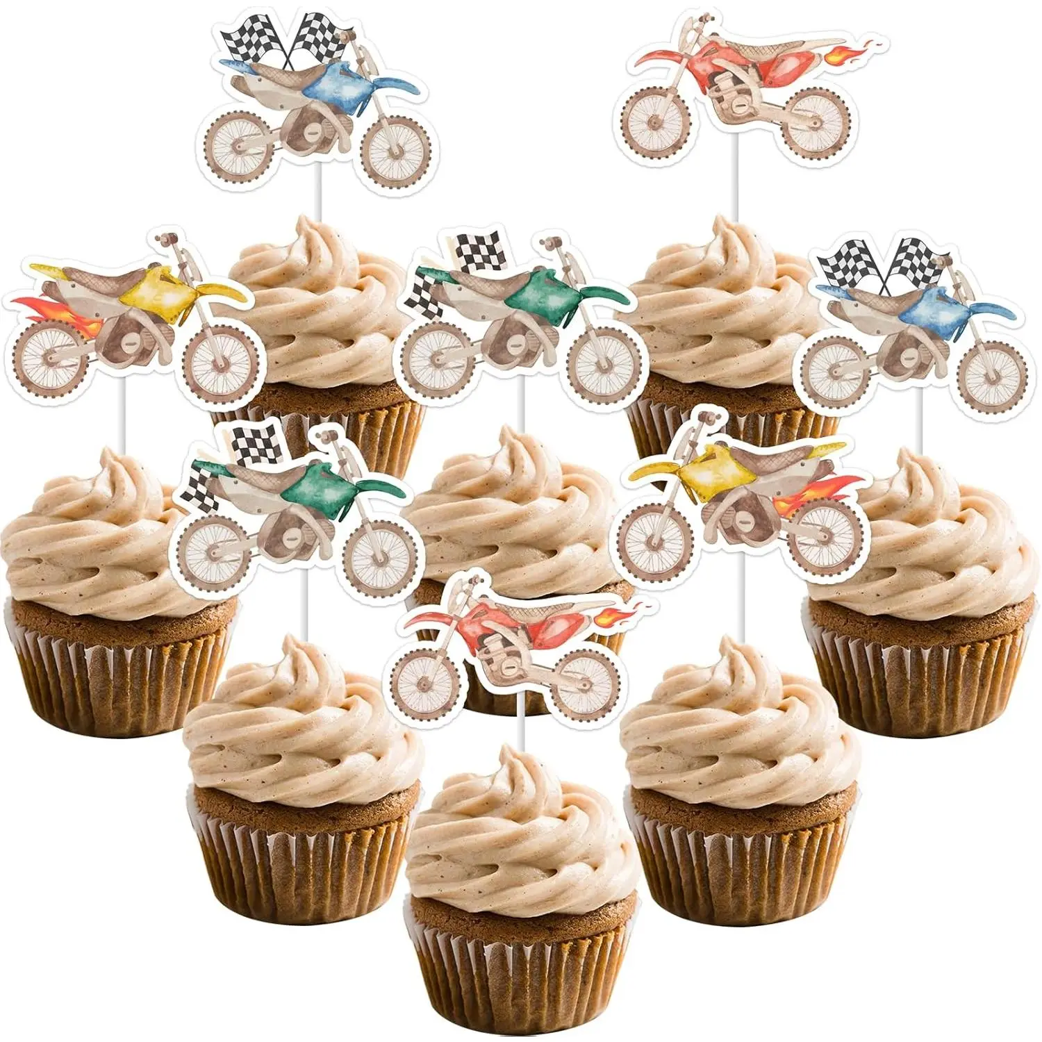 Jollboom 24-Piece Dirt Bike Cupcake Toppers, Double-Sided Printing Ornaments for Boys' Motocross Racing Extreme Sports Birthday Party Decorations