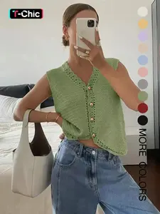 Women's Plain Button Front Cardigan, Casual Basic Fitted Crochet Knitted Cardigan for Summer, Fashion Women's Sleeveless Knitwear for Daily Wear, Vneck Womenswear, Knitted Tops