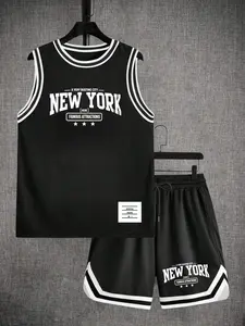 Men's New York Basketball Two-Piece Set, Vintage American Street Style, Breathable Mesh Fabric, Sleeveless Vest & Gym Shorts, Sportswear