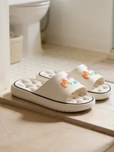 1 Pair Cartoon Animal Letter Printed Hollow Massage Thick Sole Slippers, Cute Healing Style, Non-slip Soft Sole, Quick-dry for Bathroom, Indoor & Outdoor Dual-use, Open Toe Slides, Bathroom Casual Slippers
