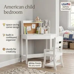 Garvee Kids Corner Study Desk Chair Set for Small Spaces Wood Study Table with Adjustable Chair Hutch Corkboard Pen Holder Compact Children Homework Table Student Desk Set White