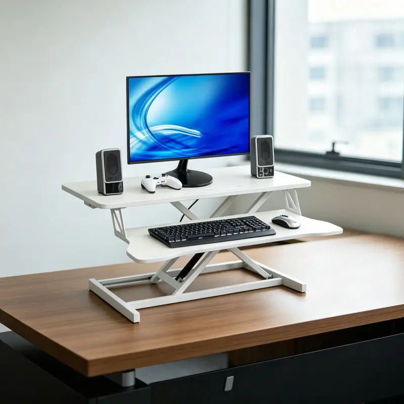 Height Adjustable Standing Desk, Ergonomic Sit to Stand Laptop Desk Workstation with Pull-out Keyboard Tray, Home Office Desktop Converter, White