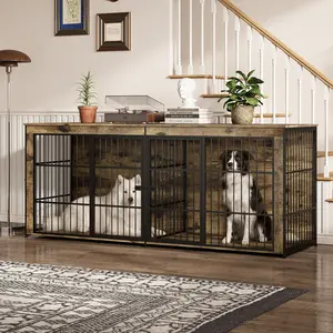 Heavy Duty Extra Large Wooden Dog House Furniture – Lockable Double Kennel, Divider – End Table TV Stand for Large/Medium Dogs