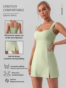 Lightweight Breathable Sleeveless Square Neck Side Slit Sports Dress, Workout Active Dress, Exercise Dress, Sleeveless Athletic Dresses, Sexy Strappy Yoga Tennis Fitness Mini Skirt, Women's Outdoor Golf Wear