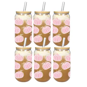 Set of 6 Pumpkin Glass Cups 18oz Fall Iced Coffee Glass Cup Halloween Can Shaped Glass with Lid and Straw Autumn Iced Coffee Beer Latte Drinking Cup Ideal Thanksgiving Gifts Bottle Drinkware Tumbler