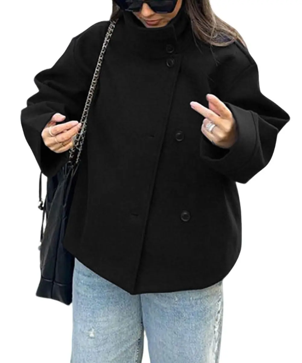 Ebossy Women's Long Sleeve Wool Blend Crop Pea Coat, Autumn Winter Loose Casual Short Outerwear Jacket
