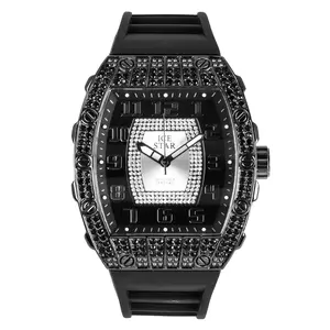 Hip Hop Style Iced Gun Metal Luxury Silicone Band Date Bling Lab Diamond Bezel Watch Wristwatch