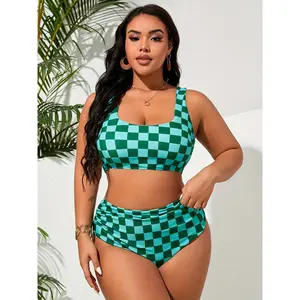 Plus Size Women's Green Checkerboard Bikini Set, Square Neck Wide Strap Crop Top with High Waist Ruched Bottom, 2-Piece Tummy Control Swimwear for Curvy Women, Beach, Pool, Vacation, Summer 2026 Trend