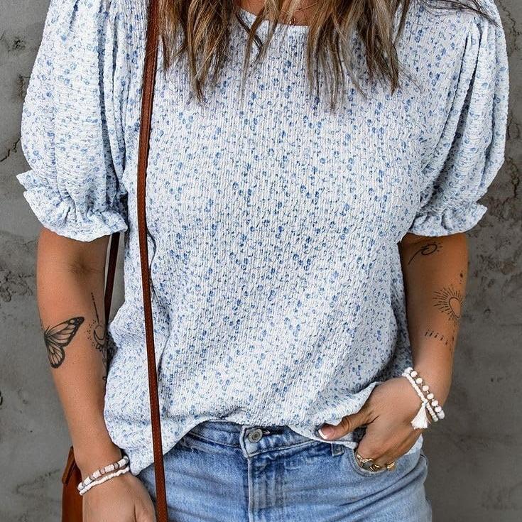 ZEAGOO Womens Blouses Dressy Casual Spring Floral Print Crewneck Smocked Puff Short Sleeve Shirts Springtok