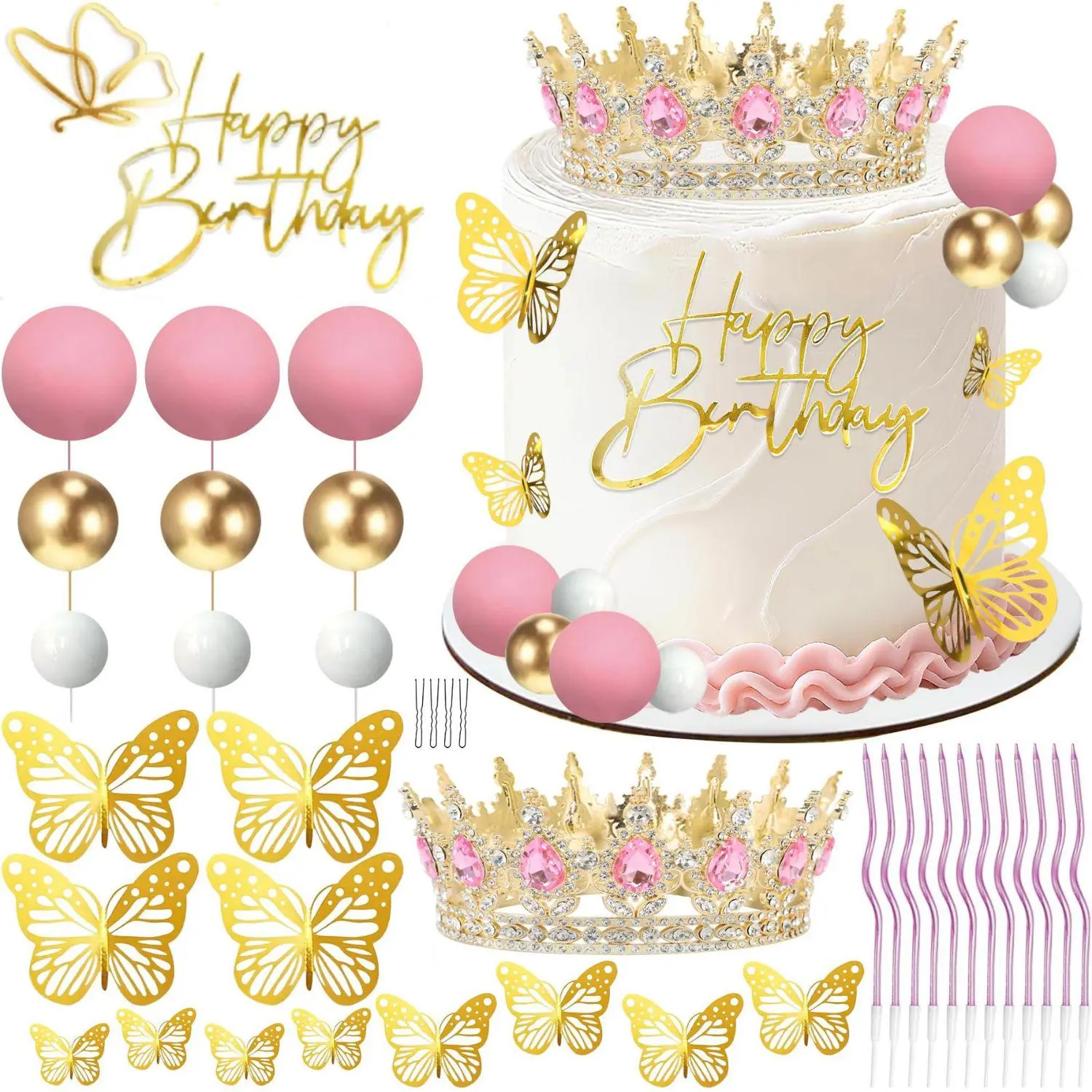 52Pcs Crown Cake Topper, Corona Para Pastel, Crown Happy Birthday Cake Toppers Balls Candles Butterflies, Birthday Crown for Women Queen Princess Party Wedding Cake Decor (Gold, Jelly Pink) - Home Improvement.