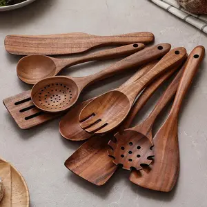 Wooden Spoons for Cooking, 5 Pcs Teak Wood Kitchen Utensils Set with Spoon Rest - Nonstick Heat Resistant Wooden Cooking Utensils, Natural Healthy Spatula Set for Pots and Pans