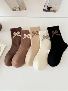 5 Pairs Girls' Socks, Autumn Winter Soft Warm Mid-Calf Socks, Cute Bow Sweet Girl Style, Elastic Mid-Calf Socks, Casual Socks, Soft Comfy Socks