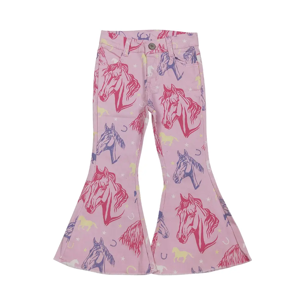 Toddler Girls' Stretchy Pink Cowgirl Bell Bottom Denim Jeans - Loose Fitting Pants - Sizes 12-18m,2t,3t,7-8t - for Rodeo,Play