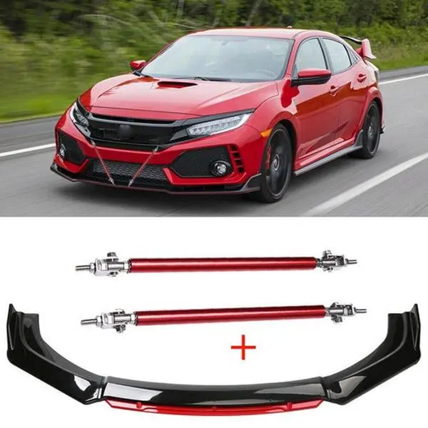 Black&Red Front Bumper Lip Spoiler + Strut Rods for Honda Civic Sedan, Hatchback - Automotive Car Exterior Accessory