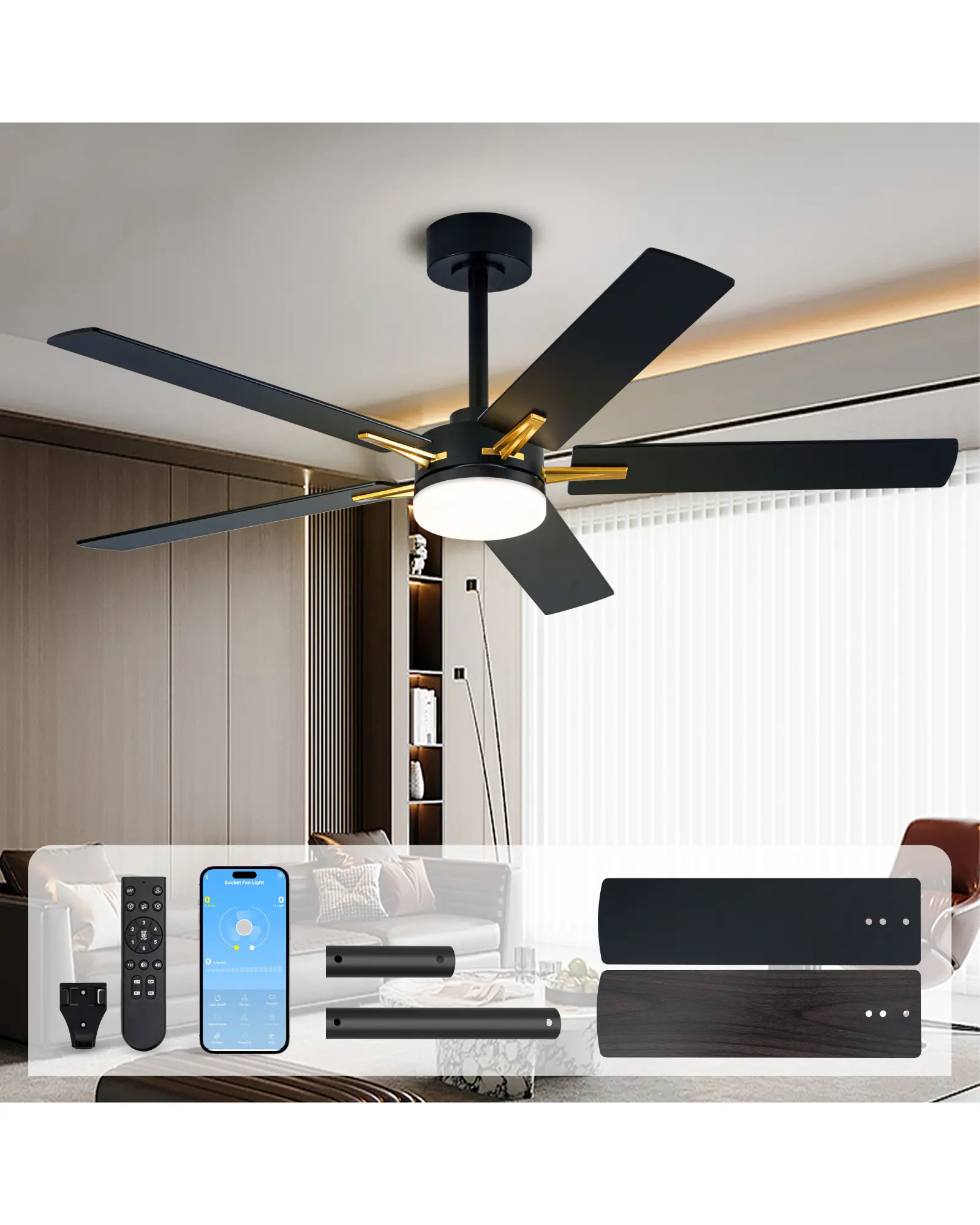 LANMEL 42 & 52 Inch Ceiling Fans with Lights, App&Remote Control, Low Profile Modern Ceiling Fan, 6 Speed, Reversible, 3000k-6500k Dimmable LED, Quiet DC Motor for Indoor Outdoor Use,Black & White
