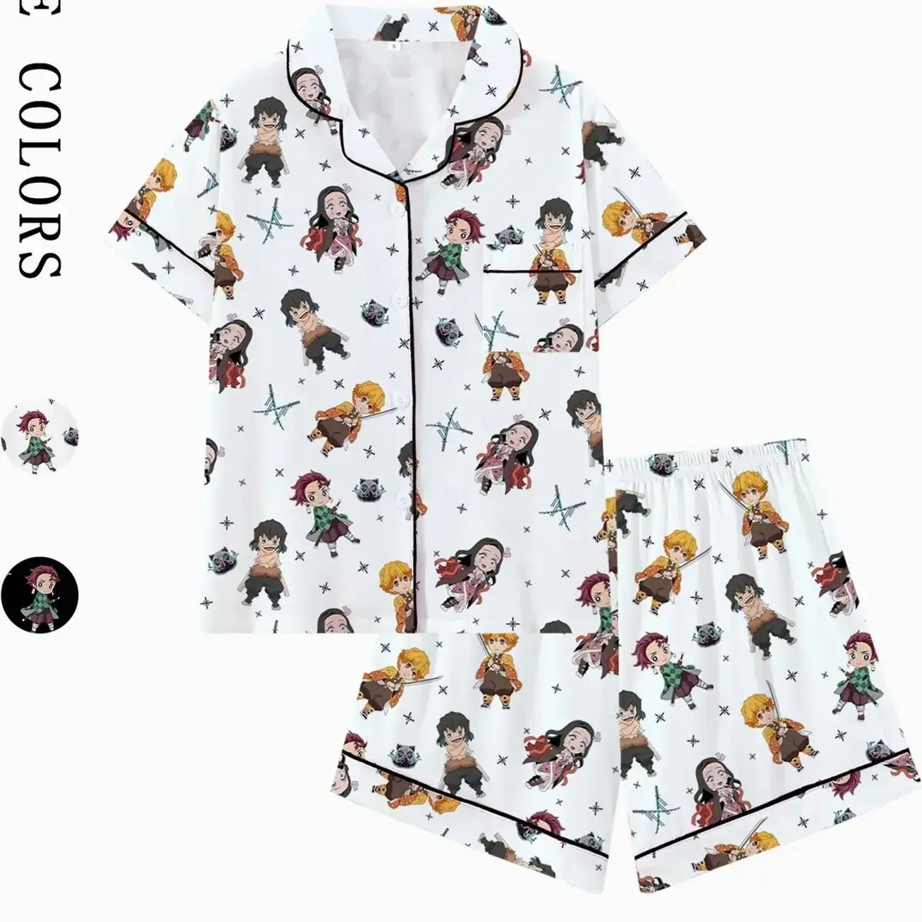 Men's & Teens' Anime Demon Slayer Collared Short Sleeve Fitted Pajama Set, Comfortable Casual Sleepwear & Loungewear for All Seasons, Anime Pajamas Pjs Pyjamas Gift