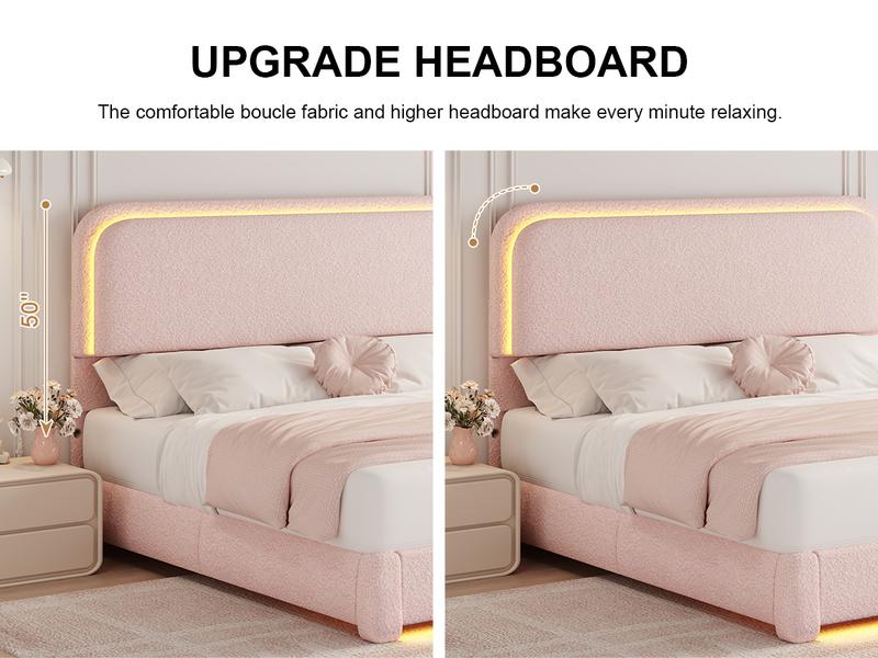 SIBEDS Queen Size Bed Frame with LED Lights, Princess Pink Teddy Fleece Rounded Corner Upholstered Platform Bedframe with Headboard, Modern Style, Soft Rounded Corners, Noise Free, No Box Spring Needed, Easy Assembly