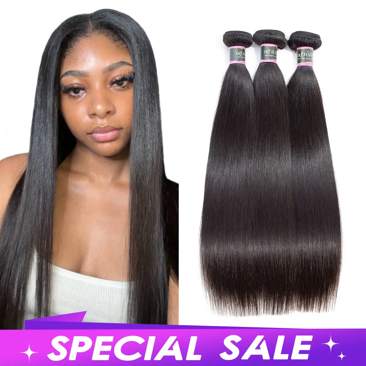 OQ HAIR Straight Human Hair Bundles Brazilian Virgin Unprocessed Straight Hair Weave Bundles Natural Color