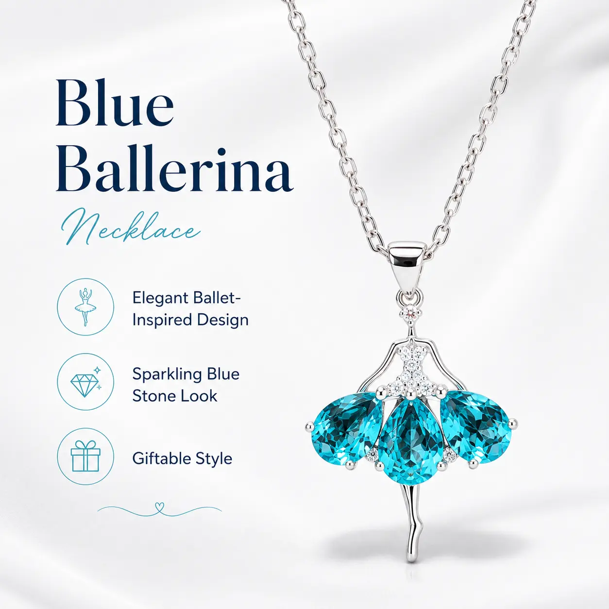 Blue Ballerina Pendant Necklace for Women, Silver-Tone Ballet Dancer Charm with Aqua Blue Faceted Stones, Sparkly Dance Jewelry, Elegant Everyday Accessory, Birthday, Graduation, Recital Gift for Daughter, Friend or Dancer