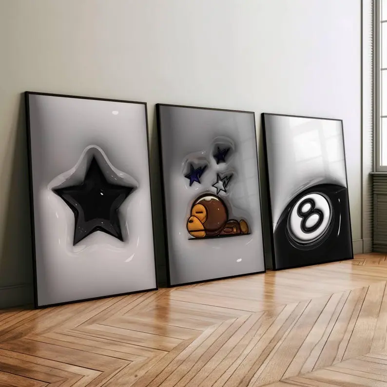 3-Piece HypeBeast Glossy 3D Wall Art Prints, Artistic Urban Street Decor, Home Decoration Photo Gifts for Wall Adornment
