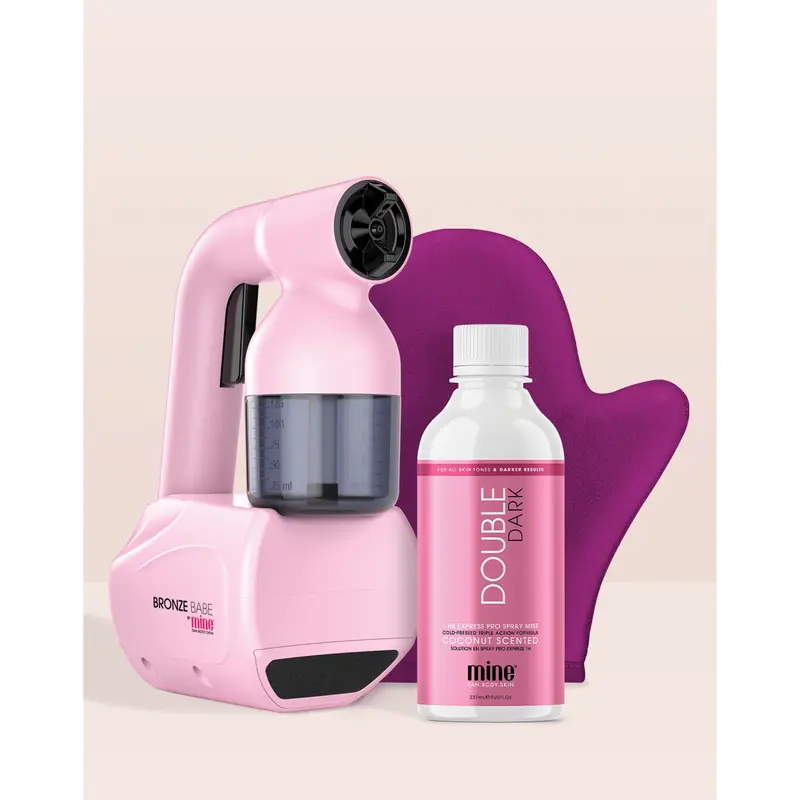 MineTan Pink At-Home Personal Spray Tan Machine Body Care Kit - Handy Lightweight Portable Gun, 8oz Double Dark Pro Mist Solution, 50ml Alcohol-Free Algin Mist, Bronze Airbrush Look, All Skin Types Compatible, 1-8+ Hr Sunless Tanning Results