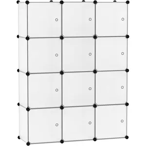 Cube Storage Organizer with Doors, 12-Cube Shelves, Closet Cabinet, DIY Plastic Modular Bookshelf Ideal for Bedroom, Living Room, 36.6"L x 12.4"W x 48.4"H Transparent White USHS3012W-DOOR