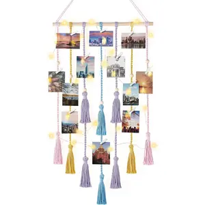 Hanging Photo Display Boho Macrame Wall Decor with Light, Teen Girl Teenage Gifts, Pictures Cards Frame Holder Art Hanger for Christmas Birthday Party Bedroom Dorm, with 30  Clips, Multi