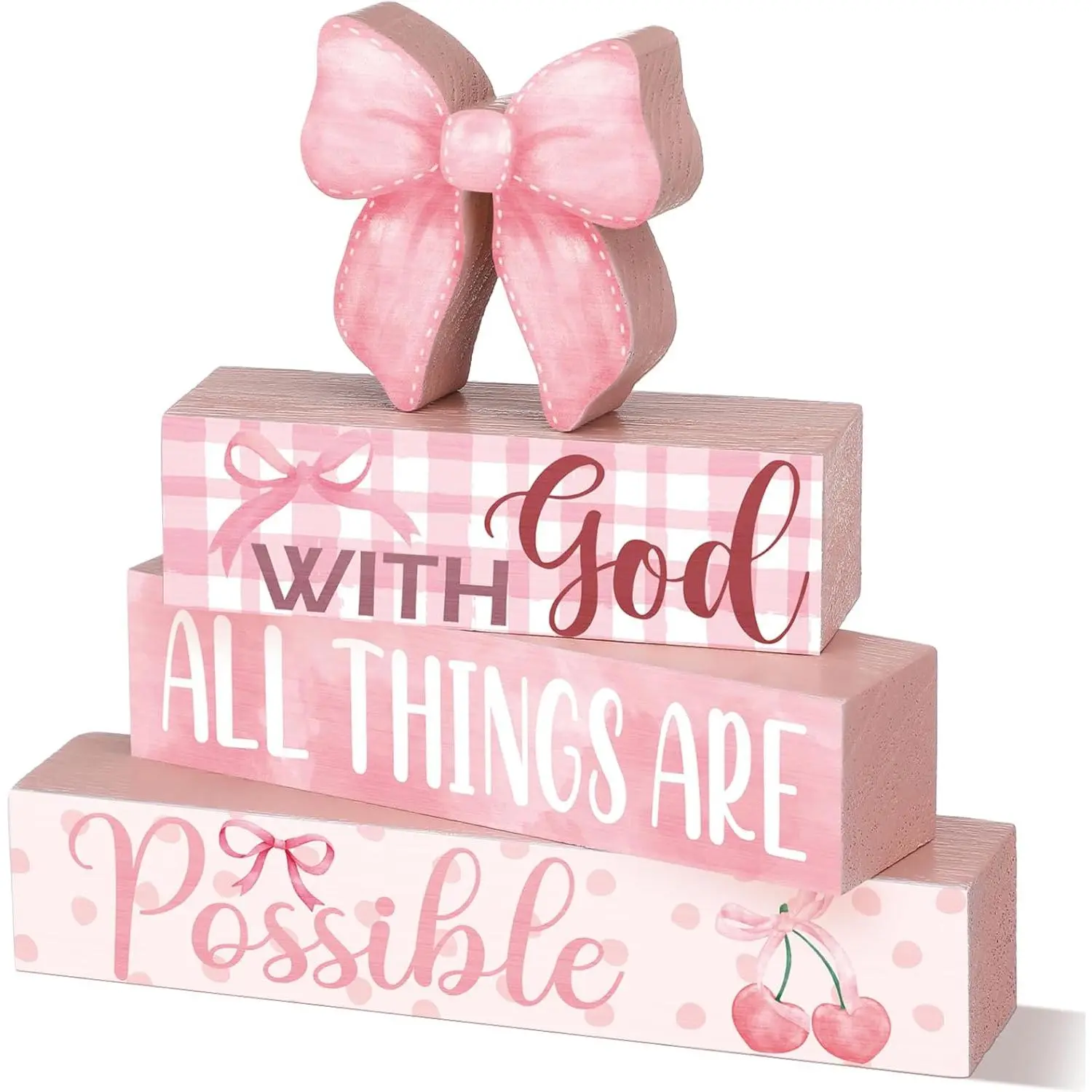 Pink Coquette 4-Piece Multi-Size Wooden Vintage Bow Ornament Set (3.94x1.18x1.18in) with Watercolor Art, Wedding Table Center, Christian Inspirational Farmhouse Home Decor, Teen Girl Gift