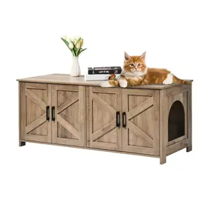 Cat Litter Box Enclosure Cabinet Made From Solid Wood With Hidden Two-Room Design, Greige Finish, Privacy Litter Box Furniture, Sturdy Pet Furniture, Easy-Clean Interior, Removable Top Panel, Fits Most Standard Litter Boxes