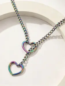 Heart O-Ring Slide Chain Amour Heart Necklace for Women, Punk Rock Stainless Steel Cuban Long Adjustable Y-Shape Pendant Jewelry Gift