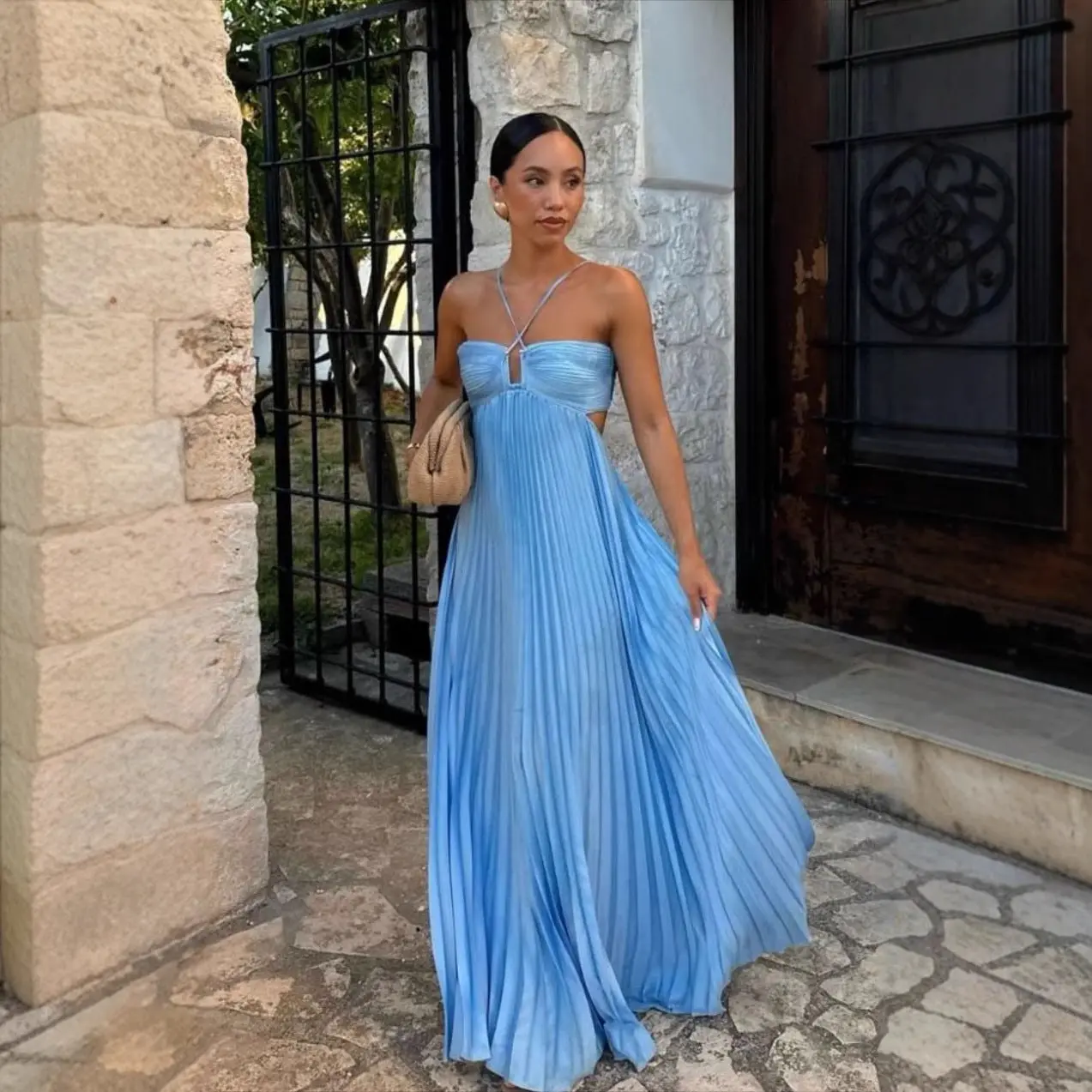 Pure Color Tube-top Brunch Summer Dress in Sky Blue Pleated Design for  Elegant Events - TikTok Shop
