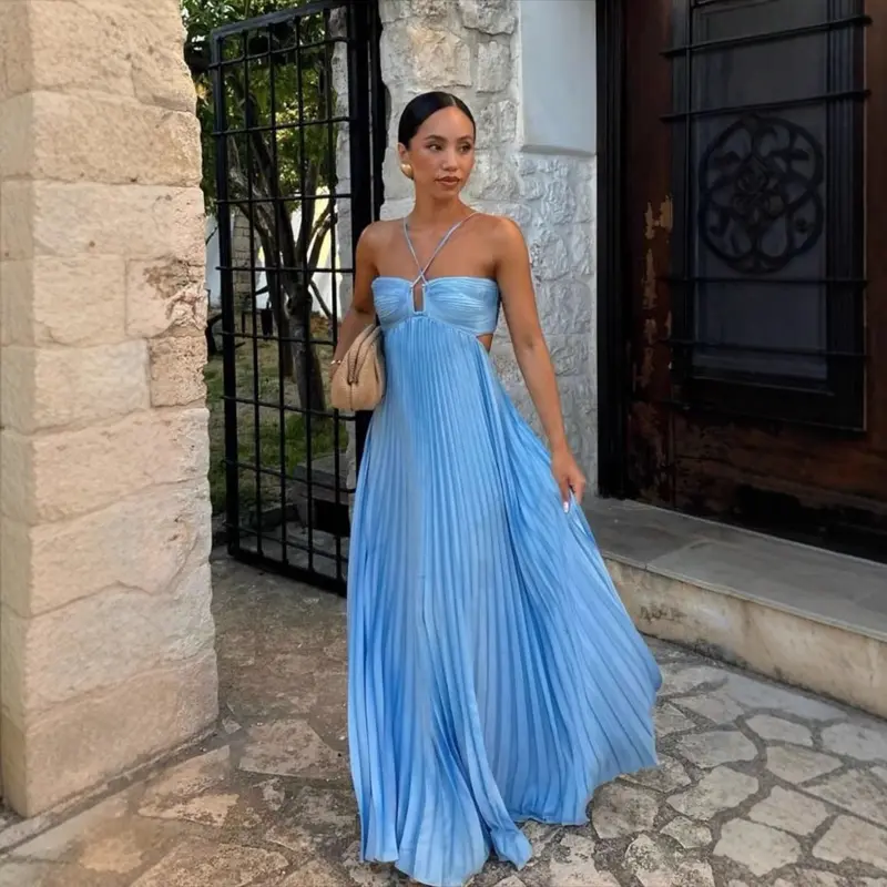 Pure Color Tube-top Brunch Summer Dress in Sky Blue Pleated Design for Elegant Events