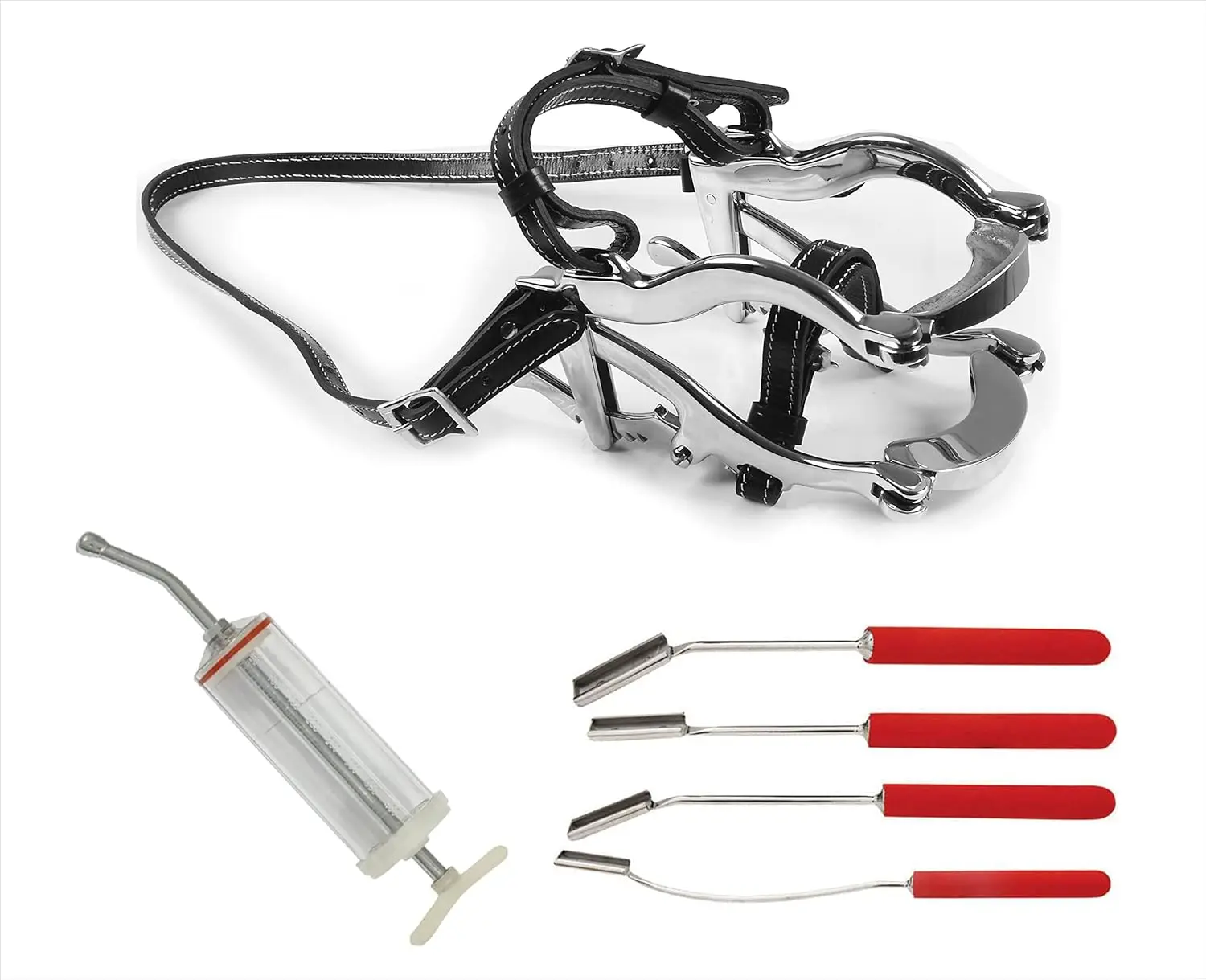 Equine Dental Speculum 6-Ratchet Stainless Steel with 4-Piece Horse Dental Float Set & 400mL Plastic Dose Syringe – Complete Horse Dentistry Kit for Equine Oral Care, Veterinary Use, Floating Teeth